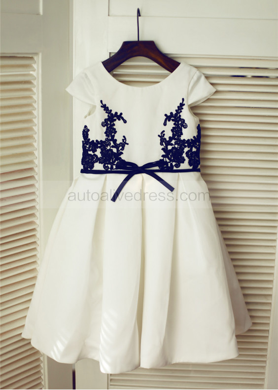 Ivory Satin Navy Blue Lace Cap Sleeves Knee Length Flower Girl Dress